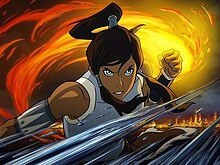 Korra dual wielding fire and ice in combat.