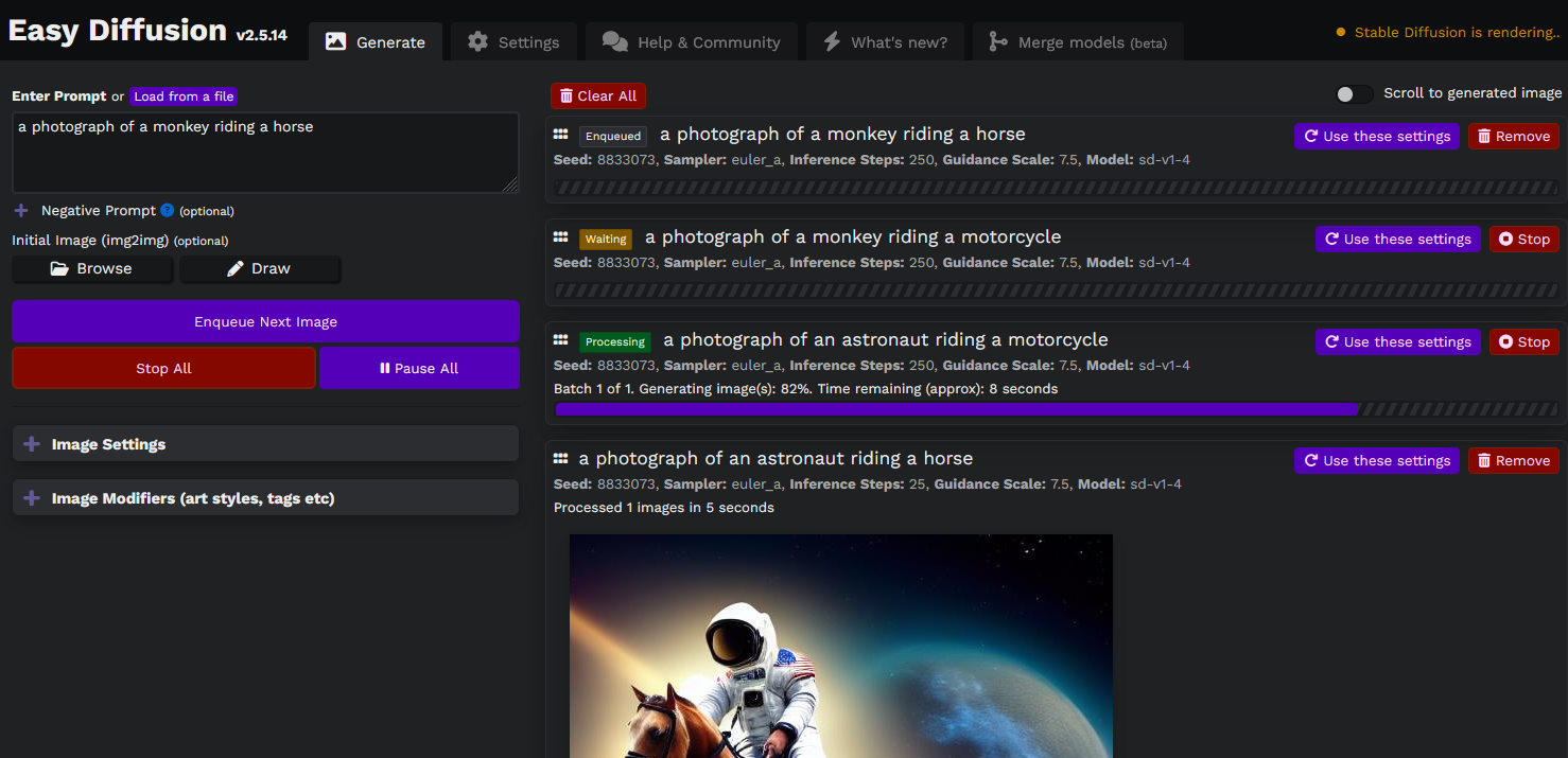 Screenshot of task queue