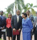 Hon. Kamla Persad-Bissessar became the first female Head of State to be inducted into the UWI Mona Park in Honour of Graduates who are or have been Heads of Government. L-R: C. William Iton, University Registrar; Dr. Camille Bell-Hutchinson, Campus Registrar, Mona; Professor Gordon Shirley, Pro Vice Chancellor and Principal, Mona; Hon Kamla Persad- Bissessar, Prime Minister of Trinidad and Tobago; Dr. Gregory Bissessar; Rev. the Hon. Ronald Thwaites, Minister of Education. Second row: H.E. Dr. Iva Gloudo...