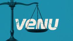 Photo illustration of the Venu logo sitting on the scales of justice