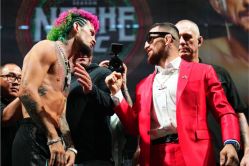 LAS VEGAS, NEVADA - SEPTEMBER 12: (L-R) Opponents Sean O'Malley and Merab Dvalishvili of Georgia face off during the UFC 306 at Riyadh Season Noche UFC press conference at Sphere on September 12, 2024 in Las Vegas, Nevada. (Photo by Chris Unger/Zuffa LLC)