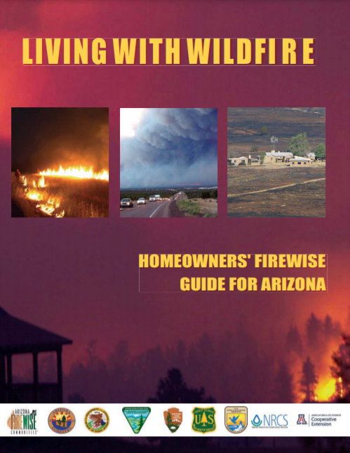 Cover - "Arizona Living with Wildfire" shows helicopter dropping water on a wildfire near a home