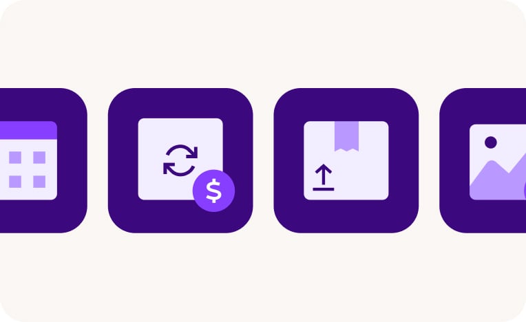 Icons for a calendar, two revolving arrows and a dollar sign, a shipping box, and a mountain with a plus sign