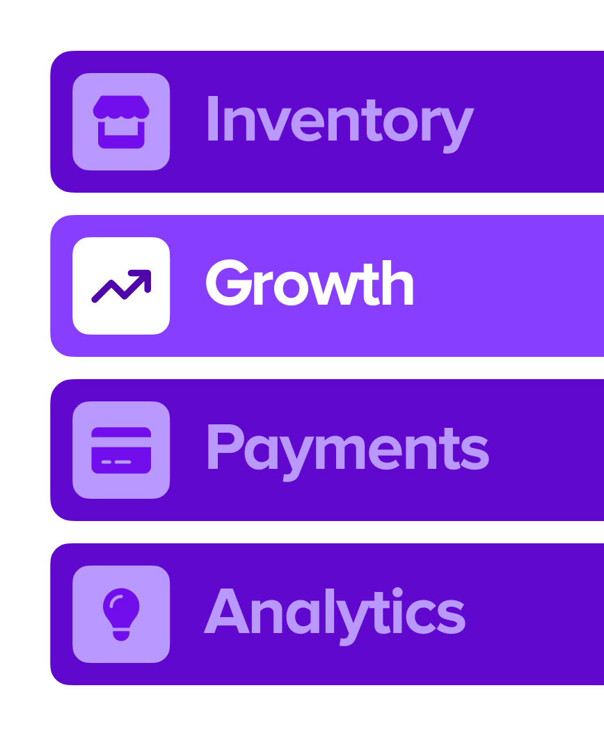 A product menu with items for Inventory, Growth, Payments, and Analytics