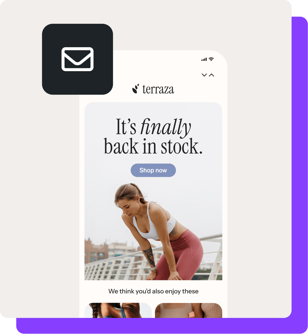 A back-in-stock email from a fitness brand called Terraza, and an envelope icon