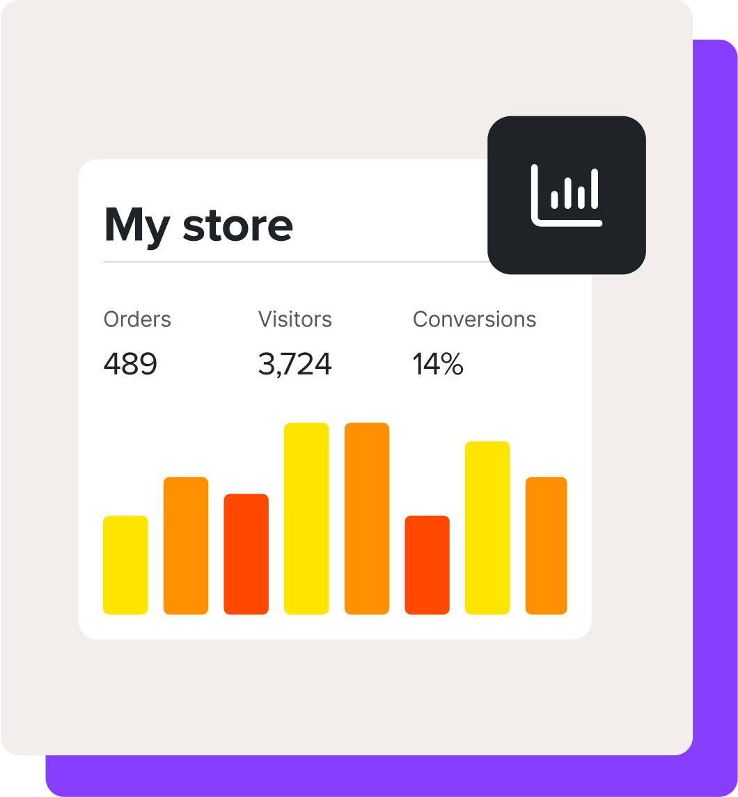 A graph of store performance called "My Store" showing bar graphs and numbers for Orders, Visitors, and Conversions