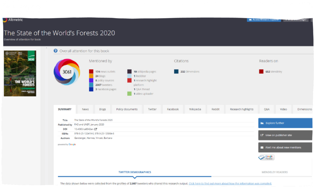 a sidebar next to an Altmetric donut with square icons and multiple menu tabs and citation data on a web browser