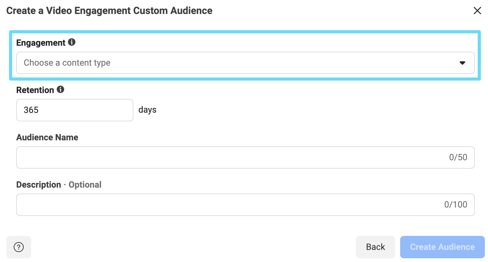 Facebook Ads Manager video watchers audience setup
