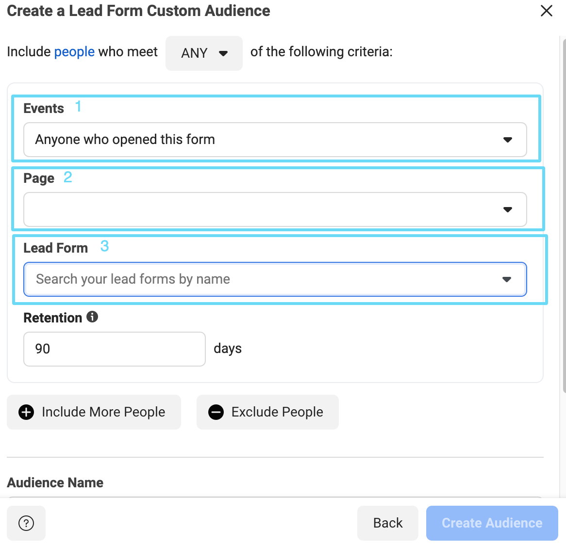 Facebook Ads Manager lead form audience setup