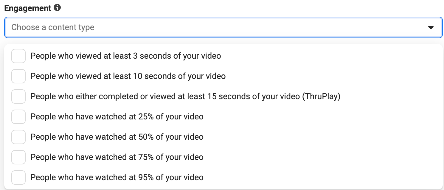 Facebook Ads Manager engagement settings options