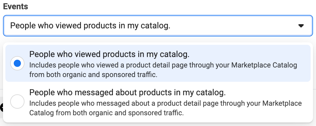 Facebook Ads Manager event options for On-Facebook listing audiences