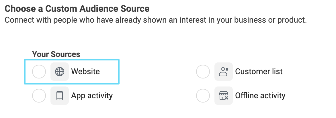 Facebook Ads Manager website custom audience source