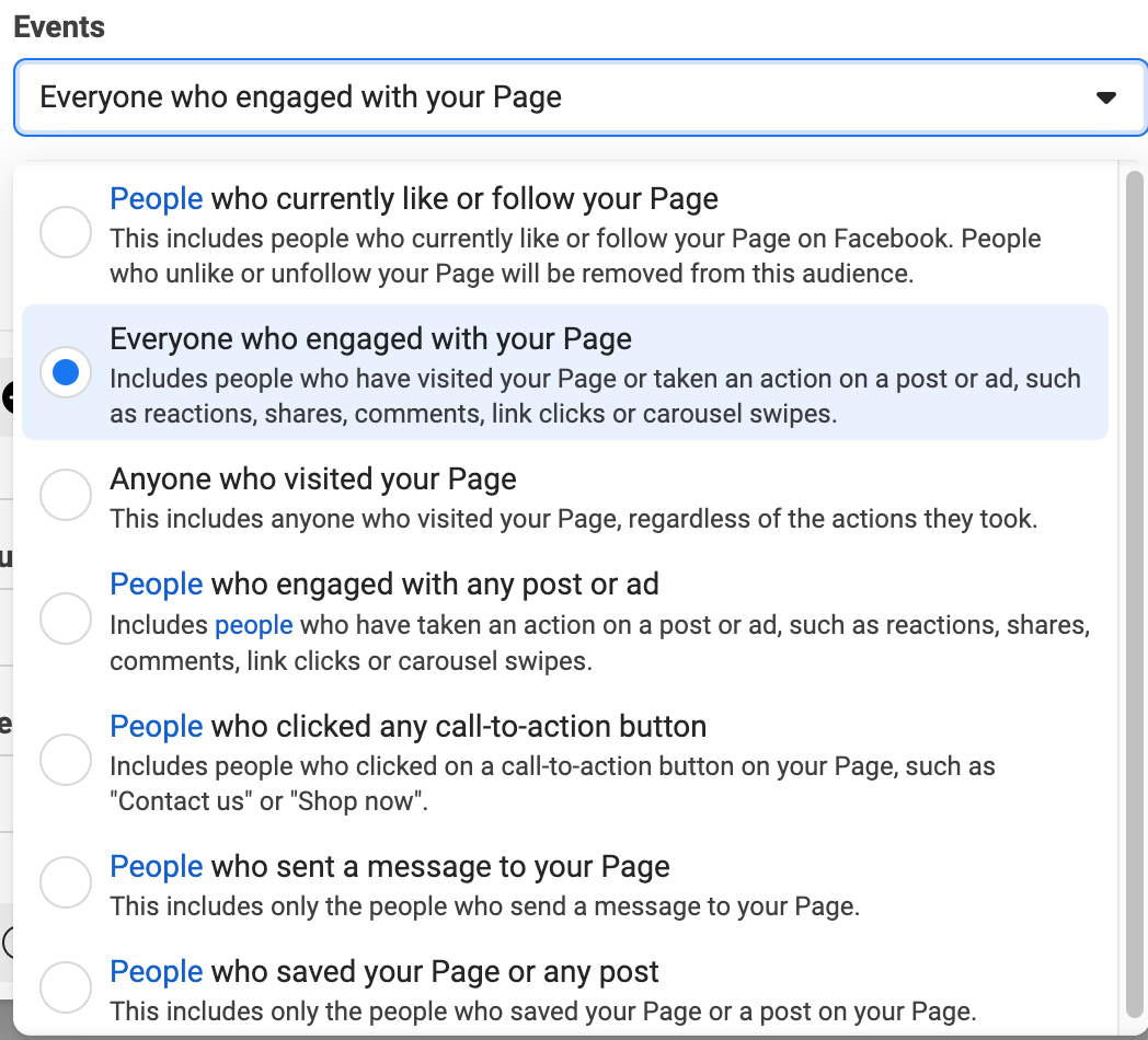Facebook Ads Manager event options for a Facebook page audience