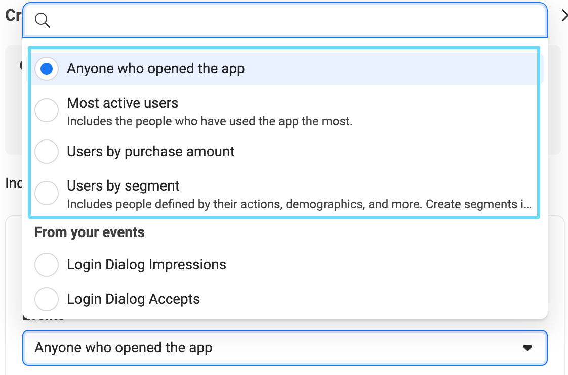 Facebook Ads Manager event targeting