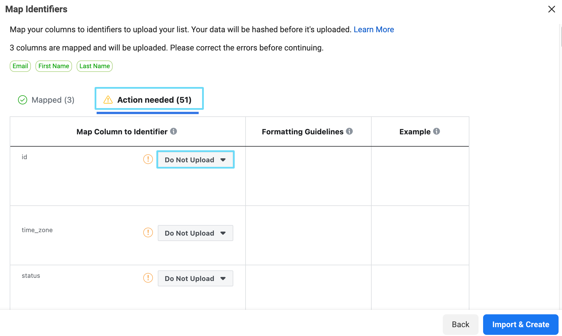Facebook Ads Manager unmapped identifiers