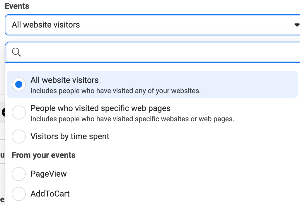 Facebook Ads Manager all website visitors event