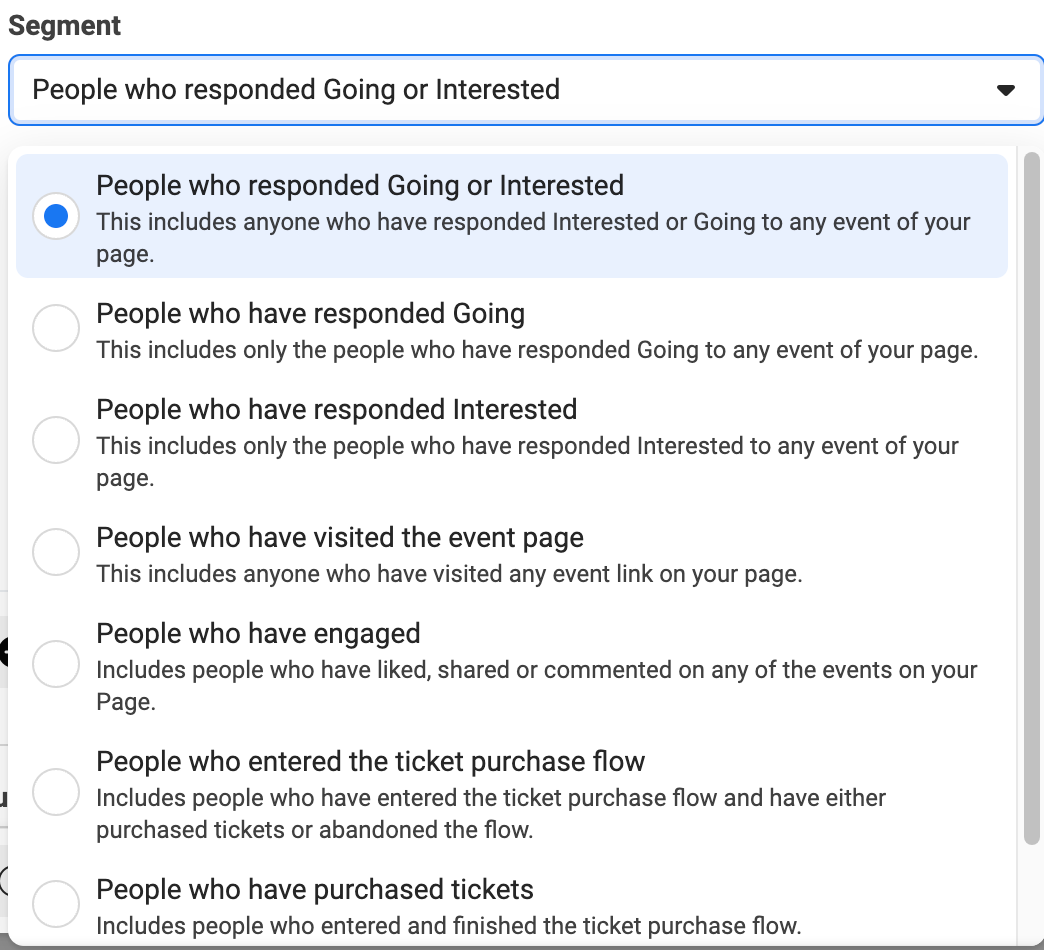 Facebook Ads Manager Segment options for event audiences