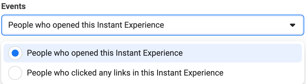 Facebook Ads Manager event setup for Instant Experience audiences