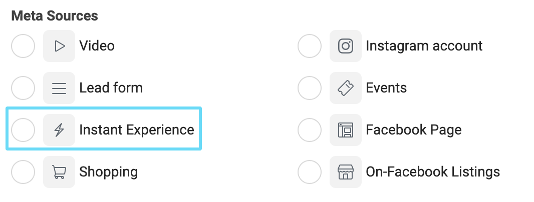 Facebook Ads Manager instant experience