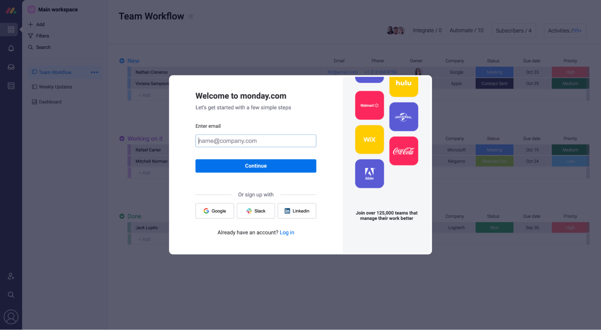 Monday create your account page