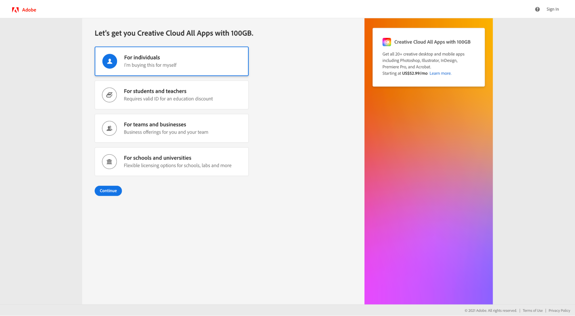 Adobe CC checkout page