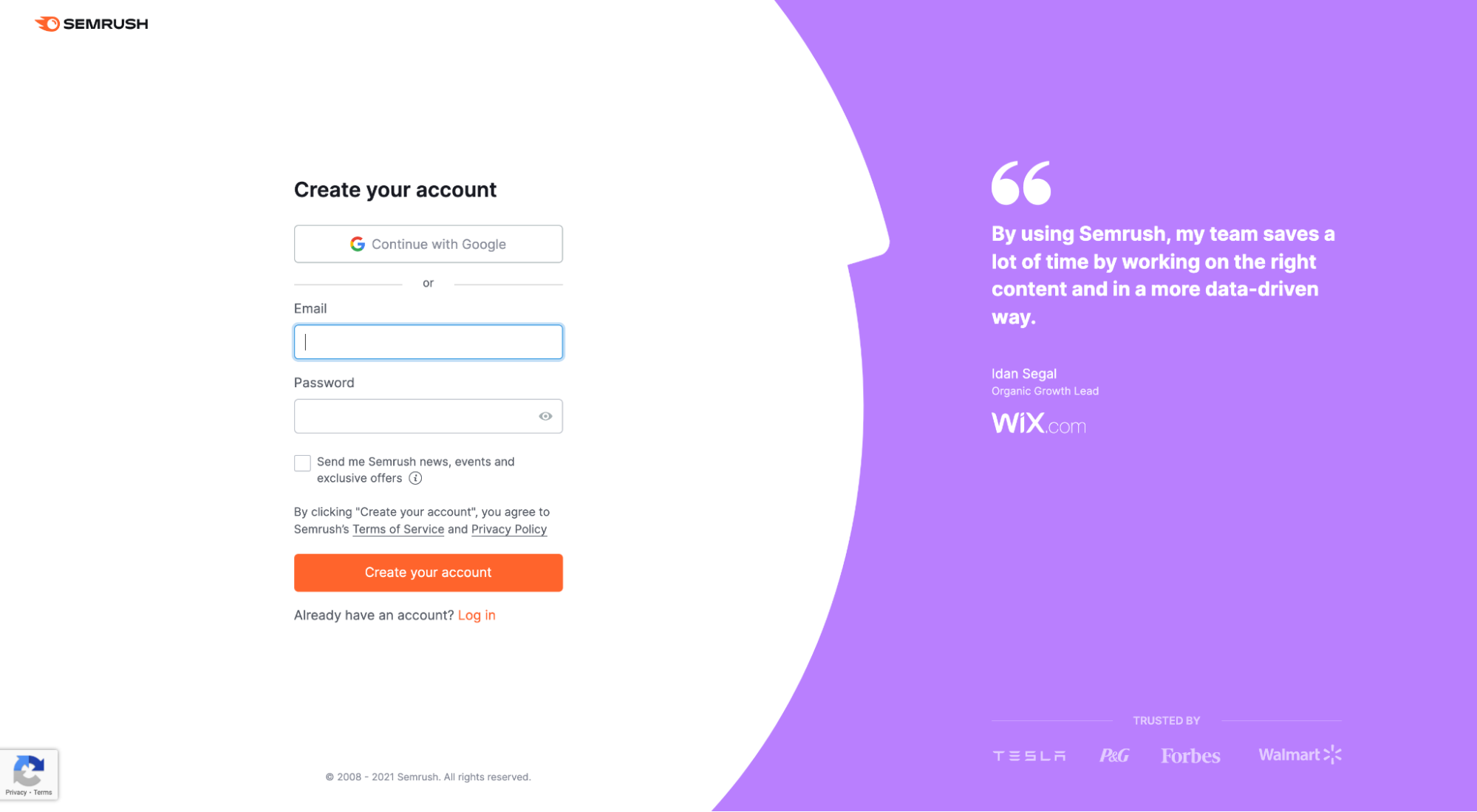 SEMRush create your account page
