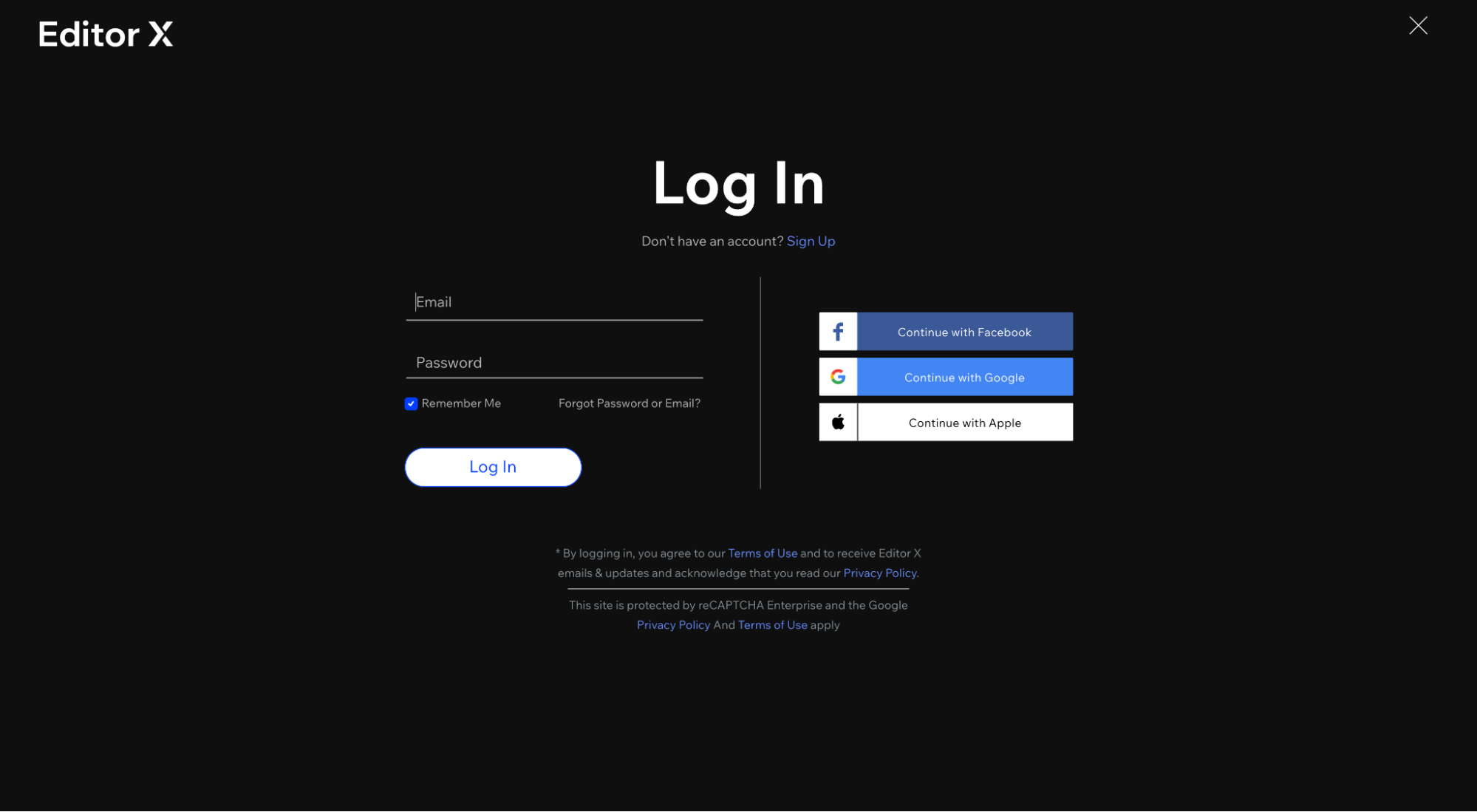 Editor X login page