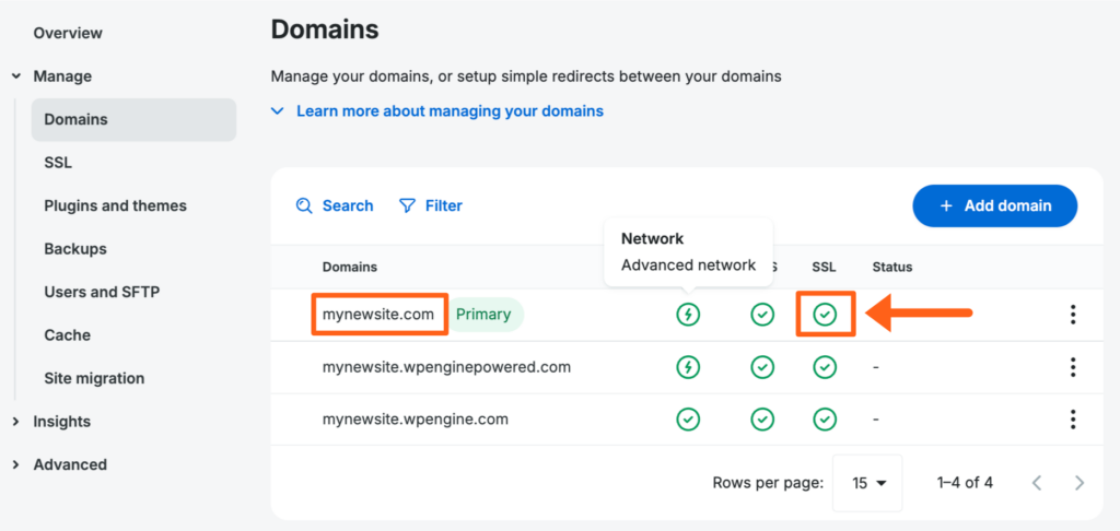 Screenshot of the Domains page in the WP Engine User Portal showing where to check the status of an SSL.