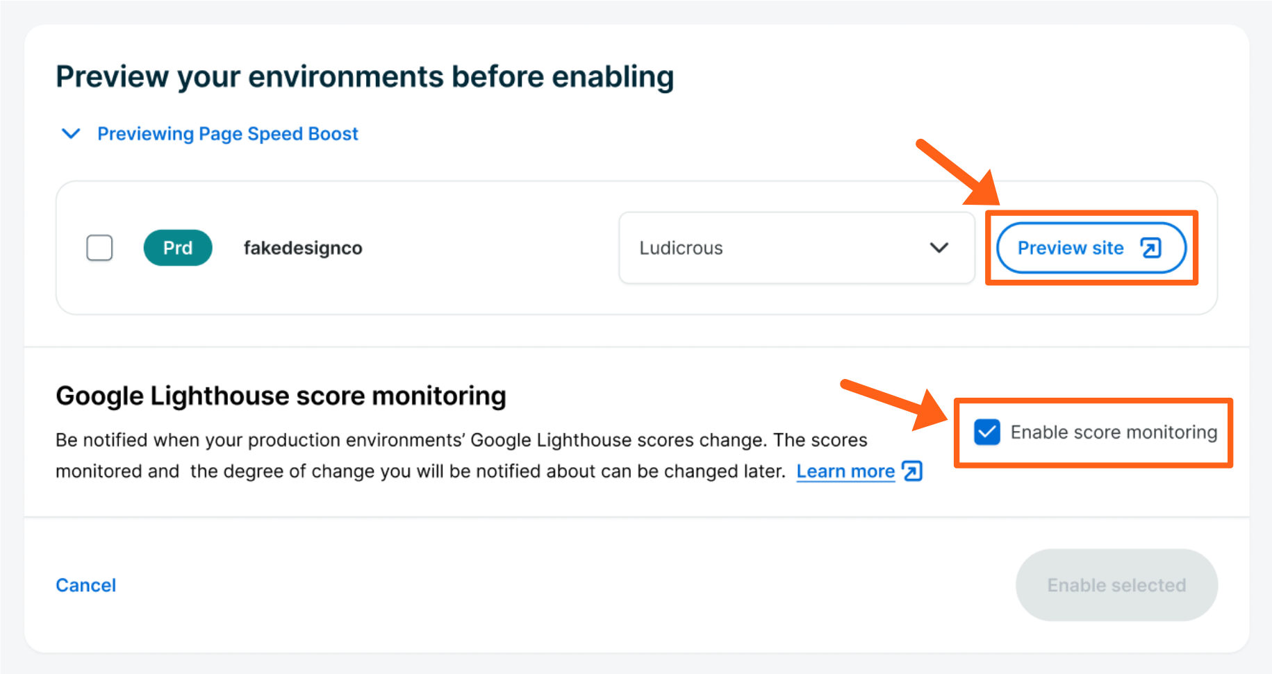 Screenshot of the Page Speed Boost page in the WP Engine User Portal showing the button to Preview an Environment before enabling PSB