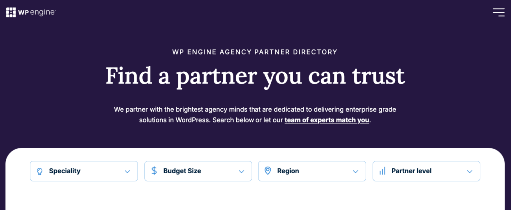 Screenshot of the search filters on the improved WP Engine Agency Partner Directory page