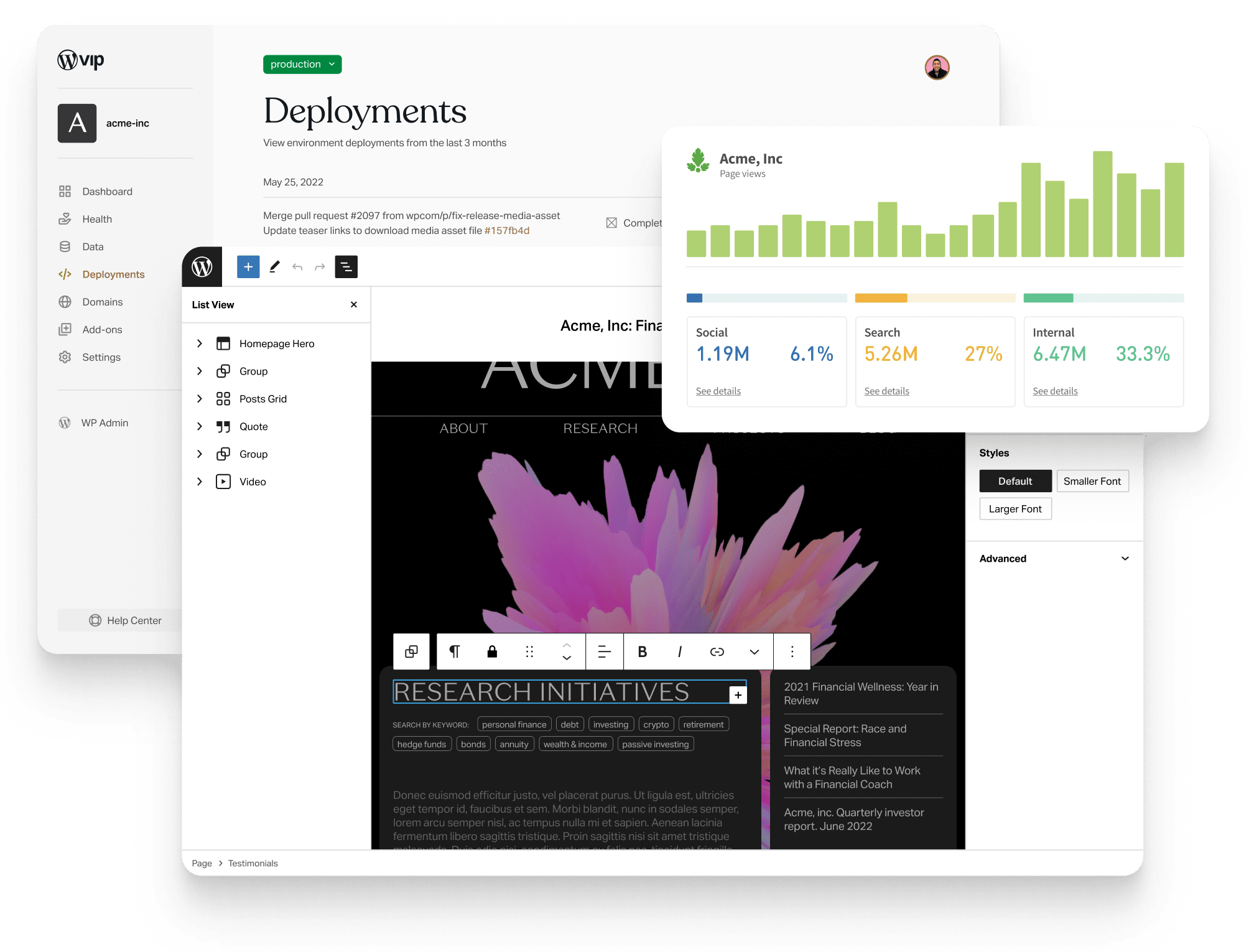 Dashboard displaying digital solution editing tools, deployment status, and analytics with visual graphs and metrics.