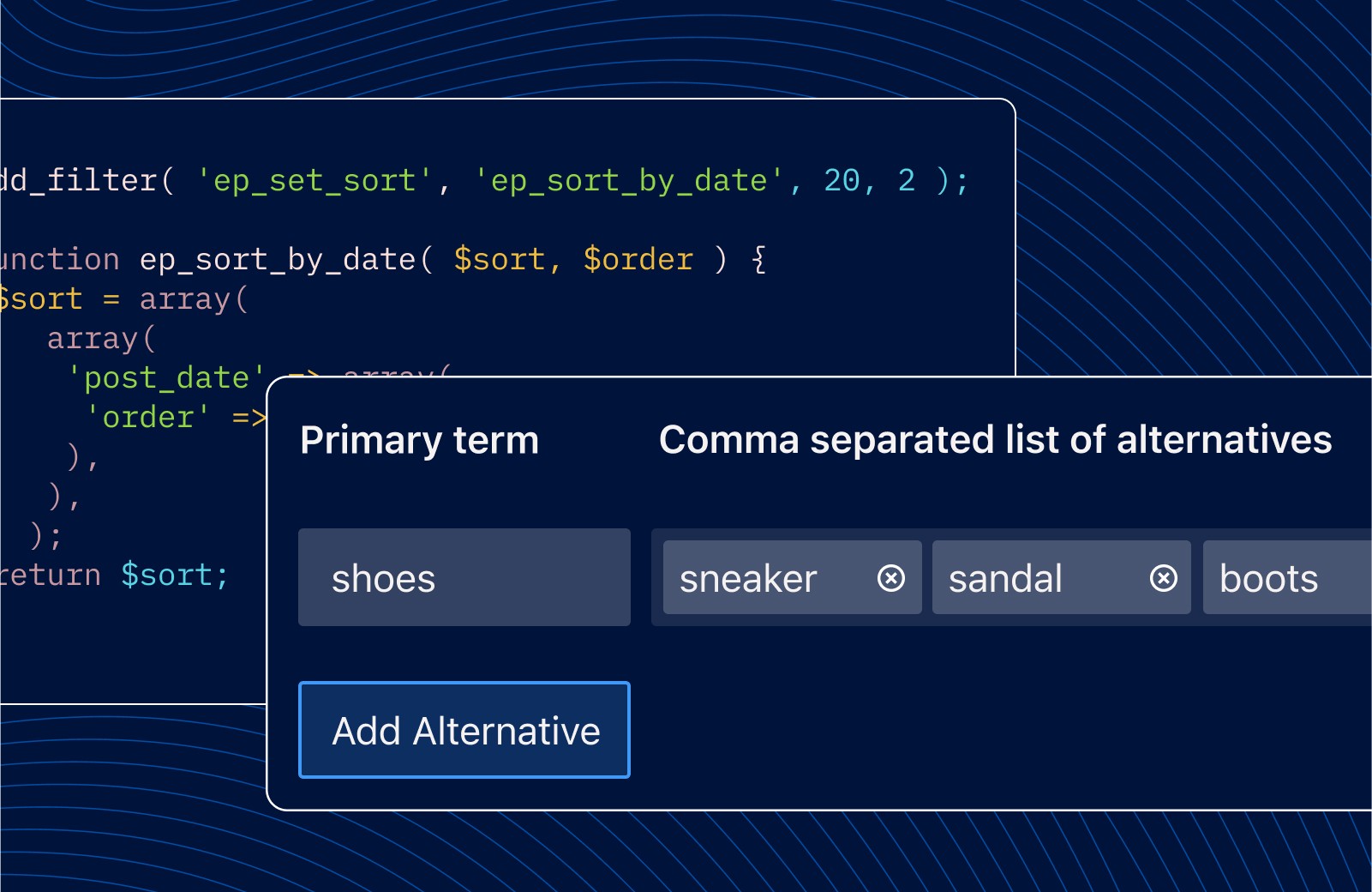 Form interface for adding alternative terms over code, supporting content publishing in a digital solution.