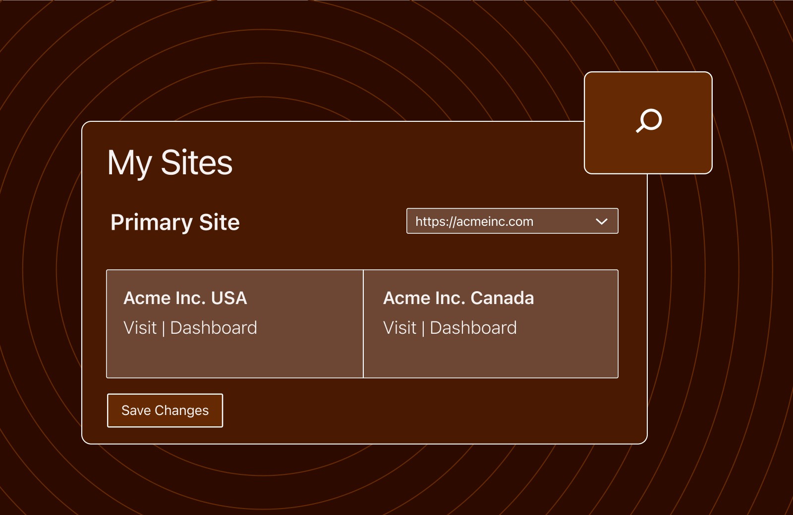 Digital solution dashboard displaying My Sites with site options and a Save Changes action button.