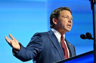 Florida Gov. Ron DeSantis, who spoke Friday at The Gathering, an annual conservative conference that commentator Erick Erickson puts on, said voters will see through the "shtick" of Democratic vice presidential candidate Tim Walz. “He’ll say things like, ‘Well, these Republicans are weird,’ " DeSantis said of the Minnesota governor. "This is a guy that used Minnesota tax dollars to put tampons in the boys bathrooms.” (Hyosub Shin / AJC)