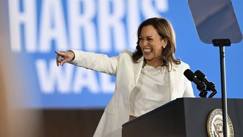 Vice President Kamala Harris greets supporters at a Signature Aviation hangar in Romulus, Mich., on Wednesday.