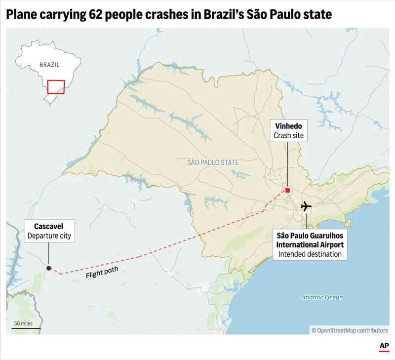 Locator map showing the departure, destination and crash sites of a Brazilian commercial airplane that crashed on Friday Aug. 9, 2024. (AP Digital Embed)