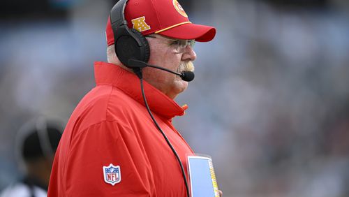 Kansas City Chiefs head coach Andy Reid watches from the sidelines during the first half of an NFL preseason football game against the Jacksonville Jaguars Saturday, Aug. 10, 2024, in Jacksonville, Fla. (AP Photo/Phelan M. Ebenhack)