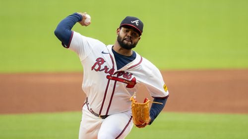 The Braves’ Reynaldo Lopez (40) pitches to a Rockies batter during the first inning of the Braves versus Colorado Rockies game at Truist Park in Atlanta on Thursday, September 5, 2024. (Arvin Temkar / AJC)