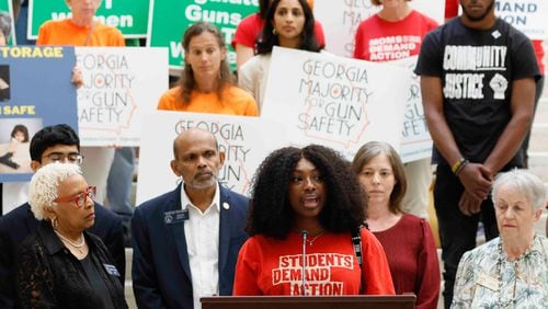 Clark Atlanta student LaDeija Kimbrough speaks at a news conference with elected officials and gun safety advocates at the Georgia Capitol on Tuesday.