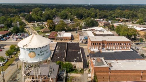 The focus of this report is on voters and issues in 5 Georgia counties - Peach (shown), Banks, Chatham, Clayton and Washington - that represent a diverse range of populations and voting histories. The AJC will return to these counties to talk to voters and bring back stories about what it means to a Georgia voter on the verge of another pivotal November election. Photo: Drone photography shows downtown Fort Valley. (Hyosub Shin / Hyosub.Shin@ajc.com)