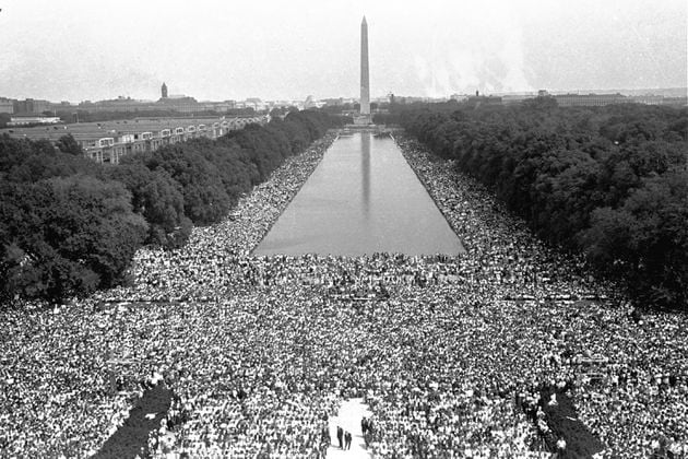 FILE - Crowds are shown in front of the Washington Monument during the March on Washington for Jobs and Freedom, Aug. 28, 1963, in Washington. (AP Photo, File)