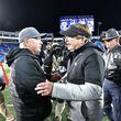 November 19, 2022 Lexington, KY - Kentucky's head coach Mark Stoops (left) and Georgia's head coach Kirby Smart shake hands after Georgia beat Kentucky in an NCAA football game at Kroger Field in Lexington, KY on Saturday, November 19, 2022. Georgia won 16-6 over Kentucky. (Hyosub Shin / Hyosub.Shin@ajc.com)