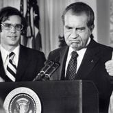 In a photo dated Aug. 9, 1974, U.S. President Richard Nixon bids farewell to the White House staff. At left is his son-in-law David Eisenhower, who was married to Nixon's daughter Julie. (Consolidated News Pictures/AFP/Getty Images/TNS)