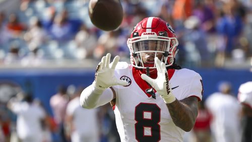 Georgia defensive back Joenel Aguero (8) warms-up before their game against Florida at EverBank Stadium, Saturday, October 27, 2023, in Jacksonville, Fl. Georgia won 43-20 against Florida. (Jason Getz / Jason.Getz@ajc.com)