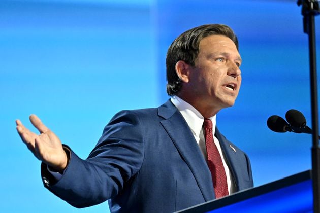 Florida Gov. Ron DeSantis, who spoke Friday at The Gathering, an annual conservative conference that commentator Erick Erickson puts on, said voters will see through the "shtick" of Democratic vice presidential candidate Tim Walz. “He’ll say things like, ‘Well, these Republicans are weird,’ " DeSantis said of the Minnesota governor. "This is a guy that used Minnesota tax dollars to put tampons in the boys bathrooms.” (Hyosub Shin / AJC)