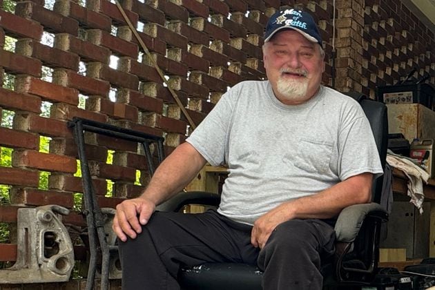 Ron Gordon, a Trump supporter, in his carport in Byron, a pocket of Peach County where Republican presidential contenders regularly fare well. (Joe Kovac Jr. / AJC)