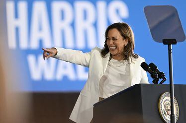 Vice President Kamala Harris greets supporters at a Signature Aviation hangar in Romulus, Mich., on Wednesday.