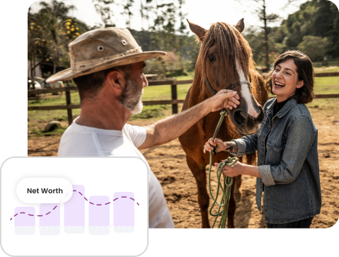 A smiling woman holds the lead rope of a horse while an older man pets the horse’s muzzle. Beside that image, a bar graph — an example from a typical Personal Advice account — depicts the possibility for variation in an individual’s net worth over time.