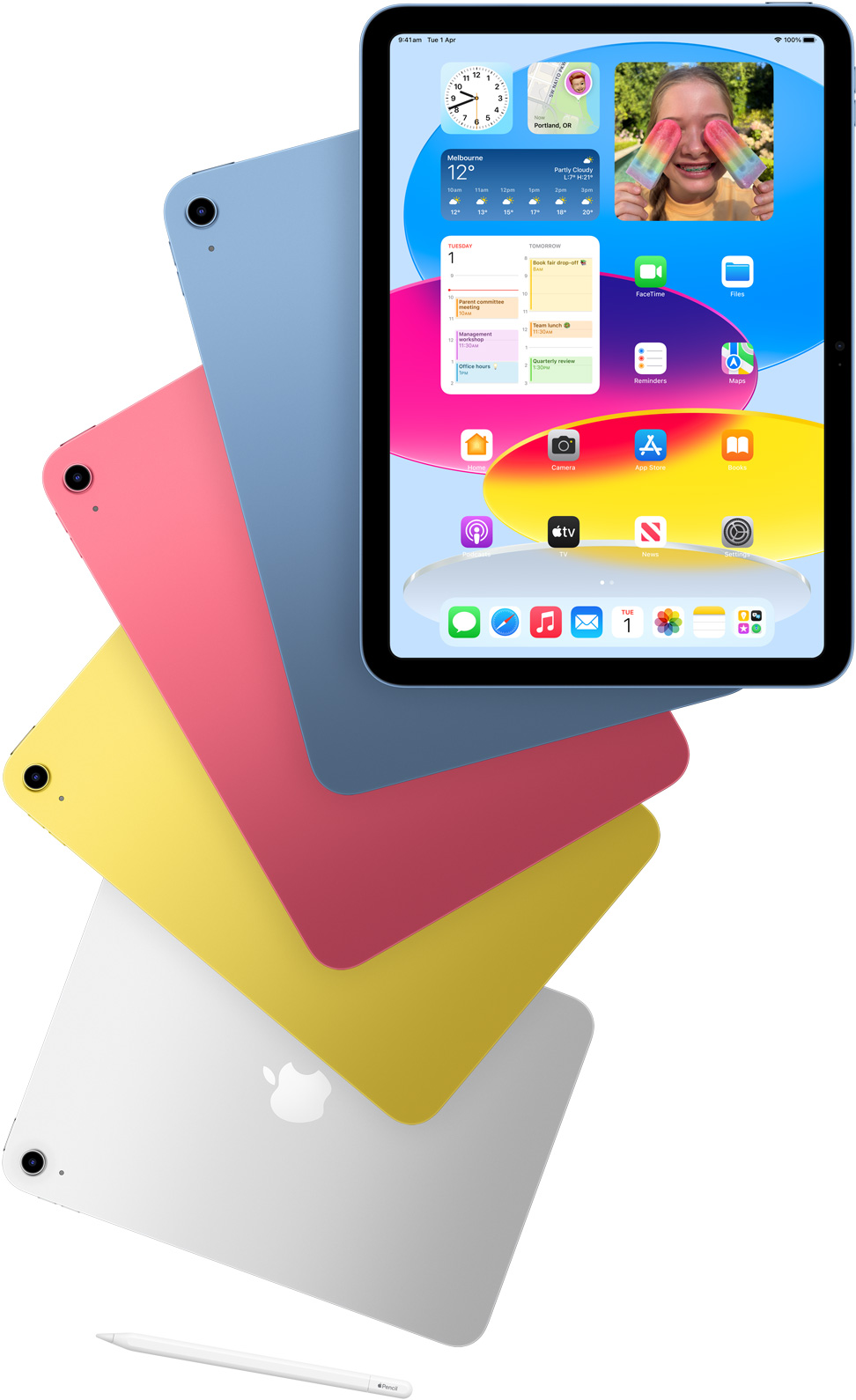 Front view iPad shows the Home Screen with blue, pink, yellow and silver rear-facing iPad models. An Apple Pencil sits near the arranged iPad models.