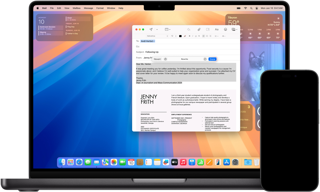 Mac mostrando as Ferramentas de Escrita e iPhone mostrando mensagens com Tradução ao Vivo